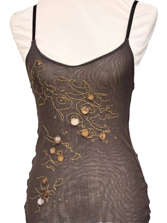 Helena Sorel Tops - Helena Sorel Mesh Cami Tank Top Embroidered Beaded Accent Size 3 France NWOT